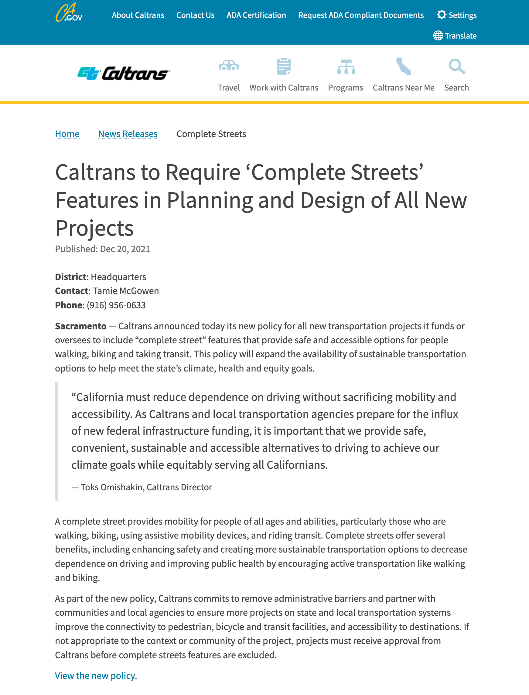 screenshot of https://dot.ca.gov/news-releases/news-release-2021-039