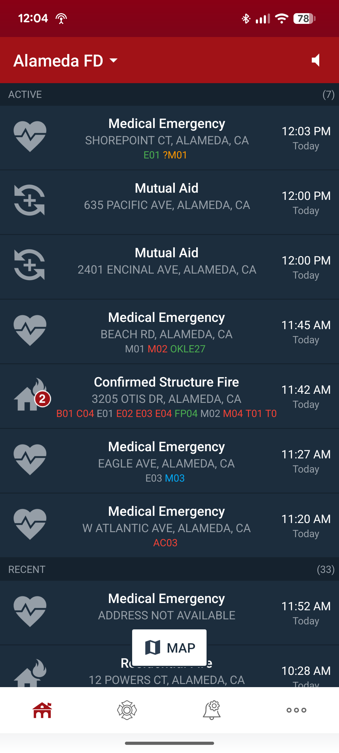 screenshot of PulsePoint app on an Android phone listing Alameda Fire Department responses
