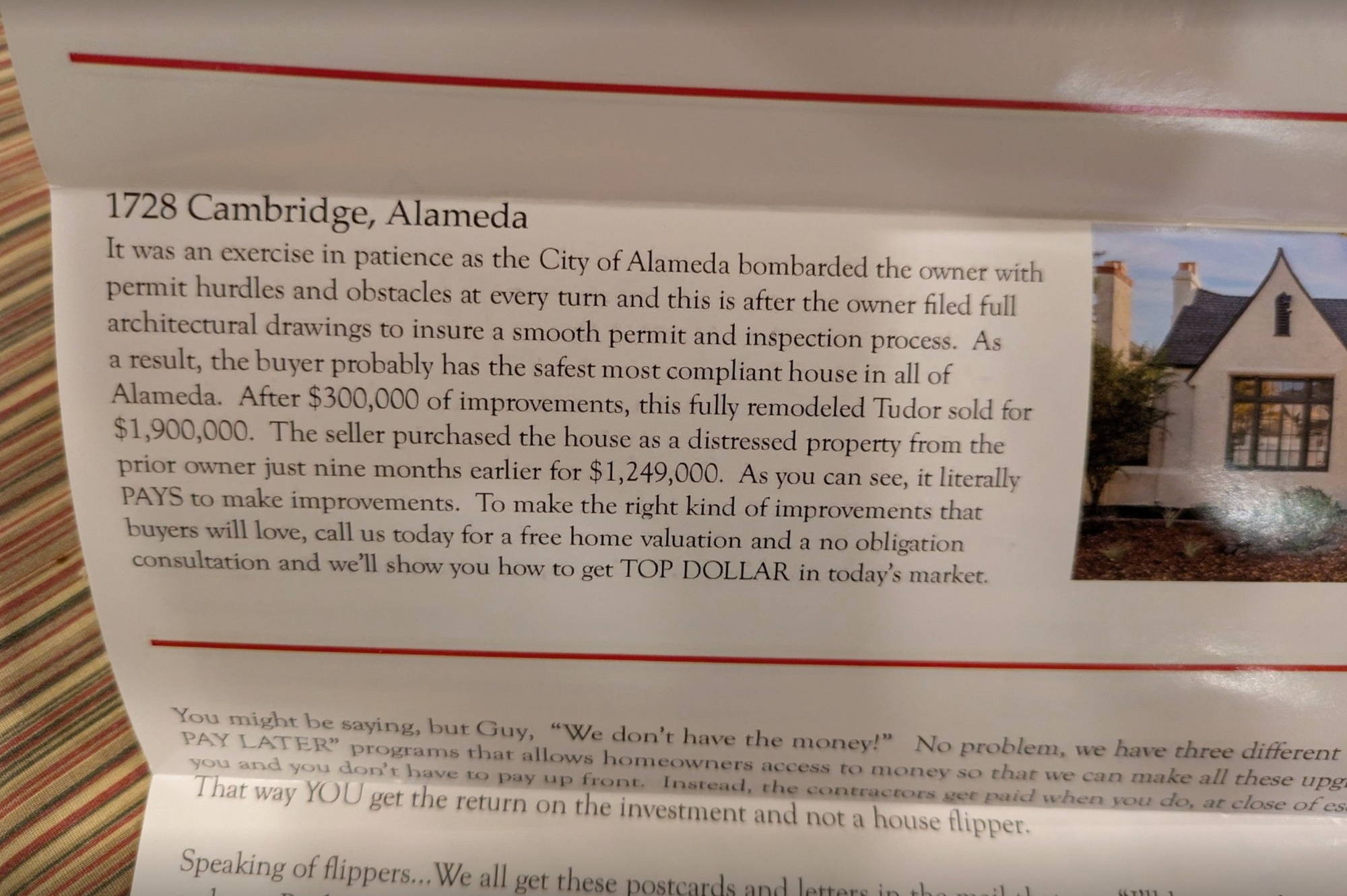 "1728 Cambridge, Alameda. It was an exercise in patience as the City of Alameda bombarded the owner with permit hurdles and obstacles at every turn and this is after the owner filed full architectural drawing to insure a smooth permit and inspect process. As a result, the buyer probably has the safest most compliant house in all of Alameda."