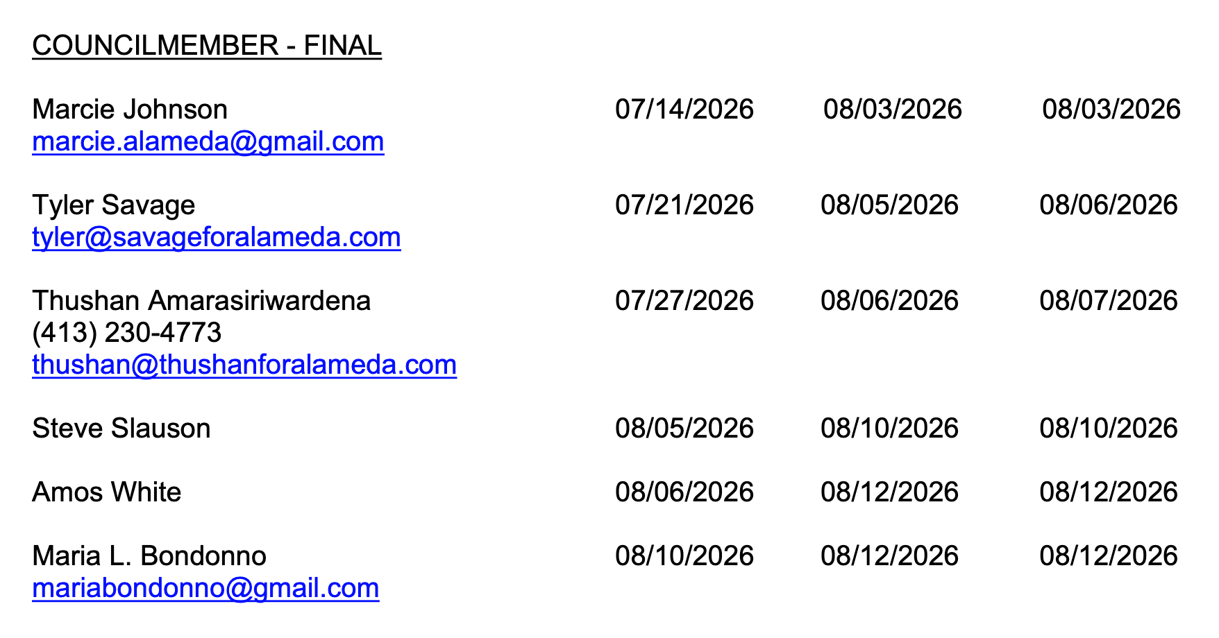 Qualified candidates for Alameda Citymember in November 3, 2026 election: Marcie Johnson, Tyler Savage, Thushan Amarasiriwardena, Steve Slauson, Amos White, Maria L. Bondonno