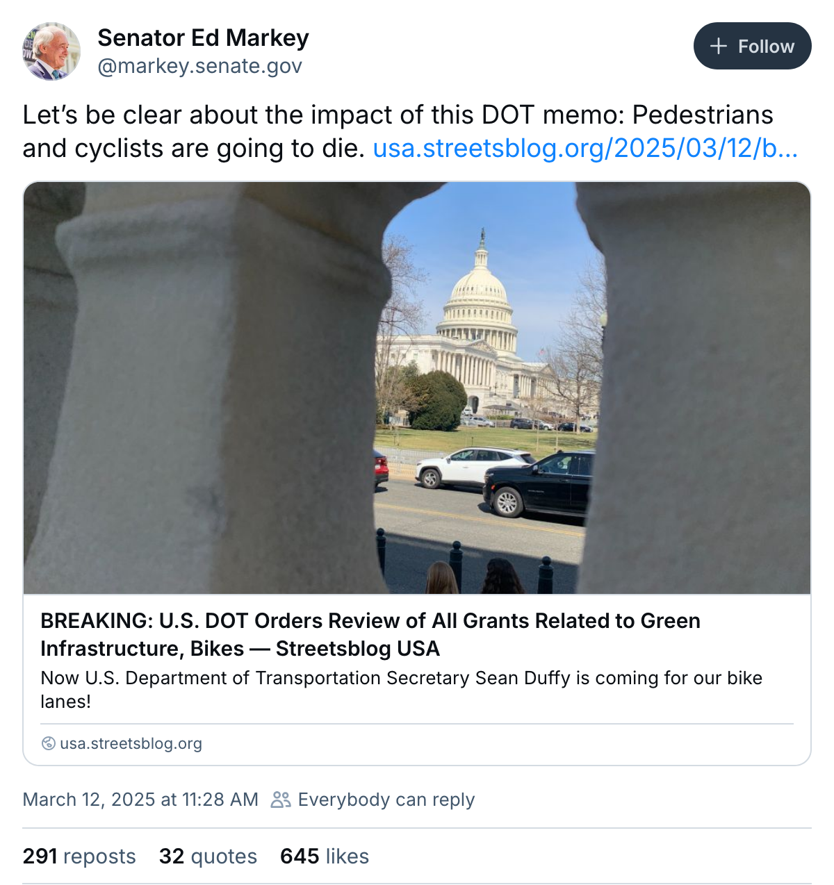 Trump's Secretary of Transportation orders review of the USDOT grant that Alameda already won