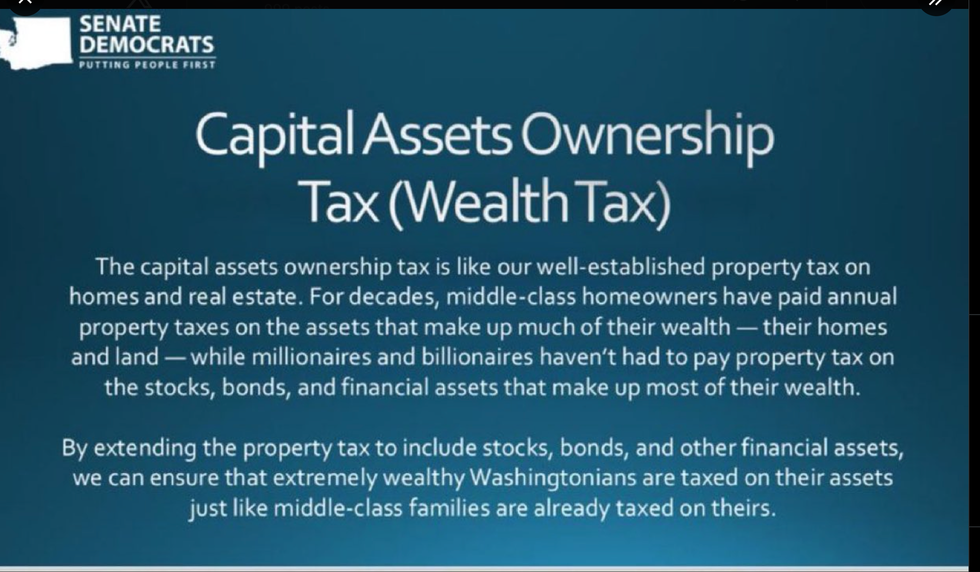 Washington State Senate Democrats slide titled "Capital Assets Ownership Tax (Wealth Tax)" framing the proposal as extending property tax to stocks, bonds, and financial assets.