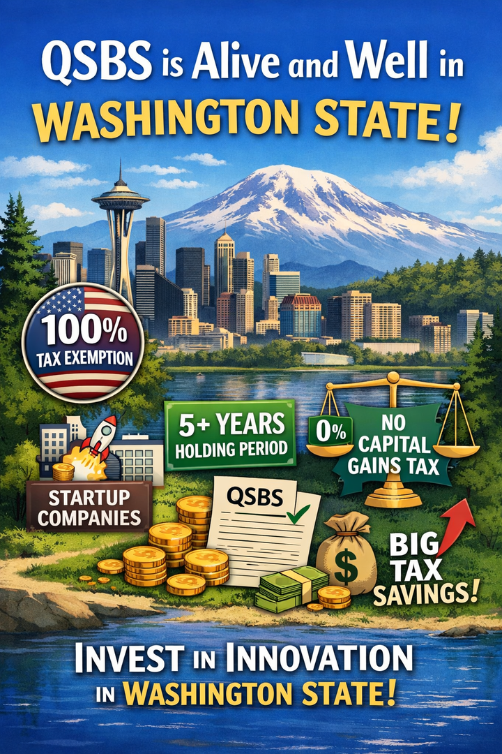 QSBS 100% tax exemption infographic with scales of justice and Seattle skyline