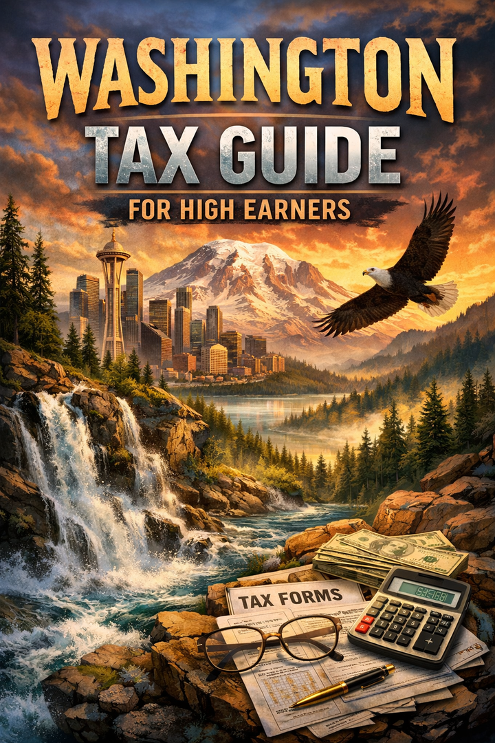 Washington Tax Guide for High Earners book cover with mountain and eagle artwork