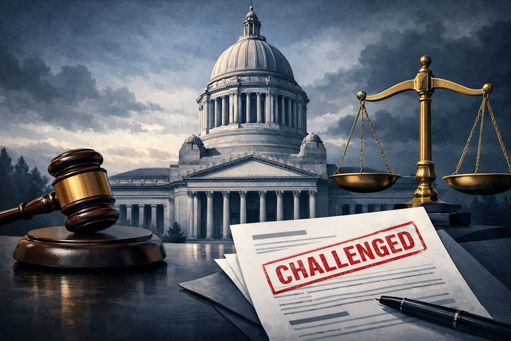 Illustration of the Washington State Capitol with a gavel, scales of justice, and a challenged legal document, representing the constitutional challenge to Washington's new income tax law