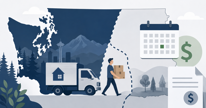 Illustration of a person carrying moving boxes next to a moving truck crossing a Washington State border, with a calendar and dollar sign icons representing mid-year tax planning