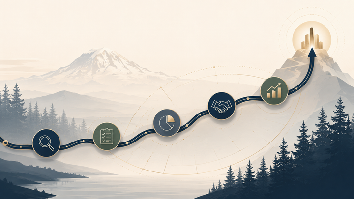 A winding path across a stylized Washington landscape climbs past milestone icons to a glowing mountain summit.