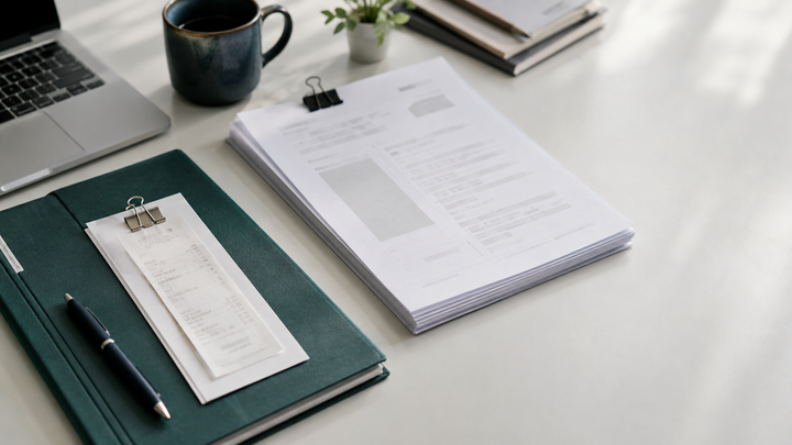 A laptop, coffee cup, and stack of itemized receipts and documents on a desk, illustrating tax substantiation and recordkeeping for the QSBS Section 1202 exclusion