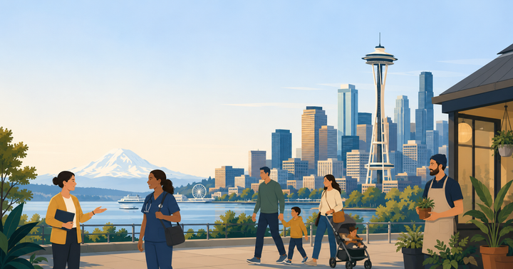 Illustration of everyday Washingtonians by the Seattle skyline with the Space Needle and Mount Rainier, representing who Washington's new income tax affects.