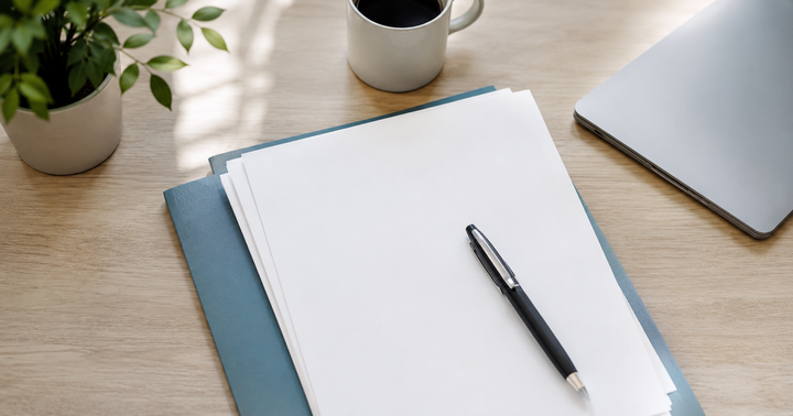 Documents stacked on a folder beside a pen, coffee mug, plant, and laptop, suggesting careful QSBS recordkeeping