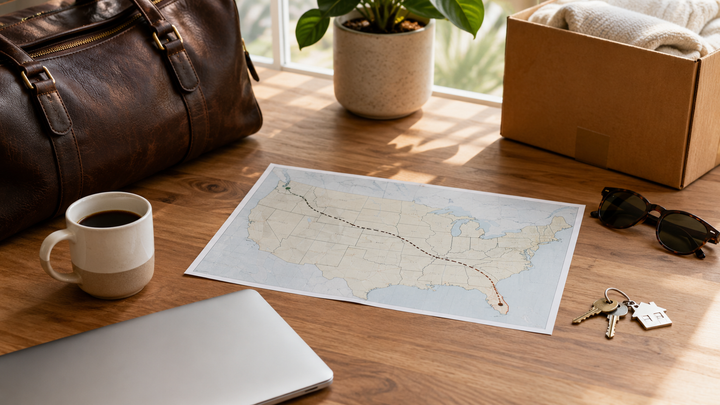 A US map on a wooden desk with a route line to Florida, beside a packed travel bag, moving box, keys, and laptop, suggesting a planned relocation