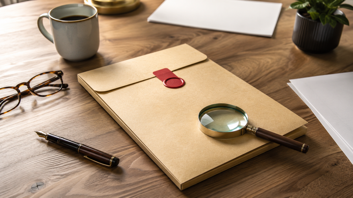 A sealed manila envelope with a red wax seal on a desk, with a magnifying glass on top, evoking a confidential but reviewable 409A valuation
