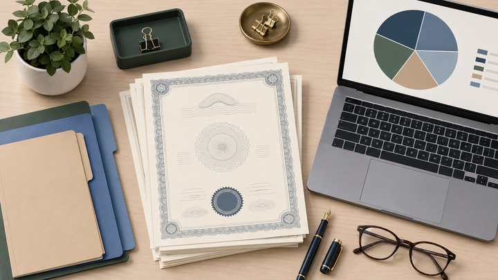 Flat-lay of stock certificates, color-coded folders, a fountain pen, reading glasses, and a laptop showing an ownership pie chart, depicting startup cap table administration