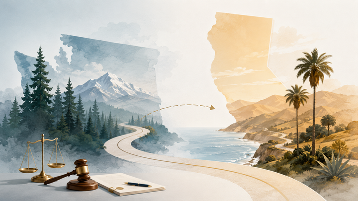 Split illustration of an evergreen mountain landscape and a palm-lined golden coast joined by a winding road, comparing Washington and California residency