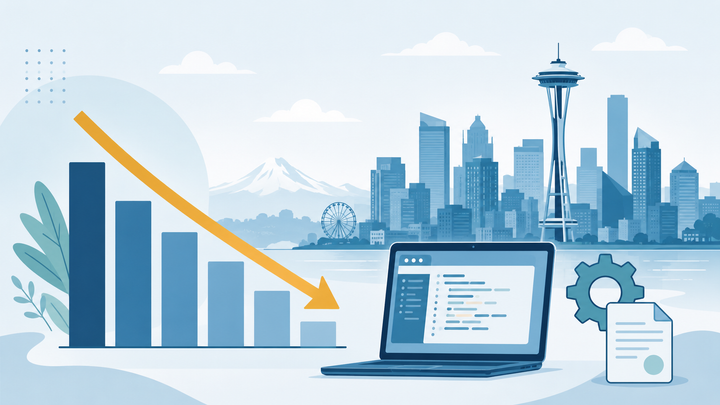 Editorial illustration of a stylized Seattle skyline with the Space Needle, a descending bar chart and downward arrow, and a laptop showing code and a gear icon.