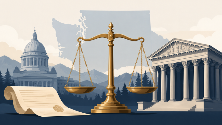 Editorial illustration of golden scales of justice between the Washington State Capitol dome and a columned courthouse, with a legal document in the foreground.
