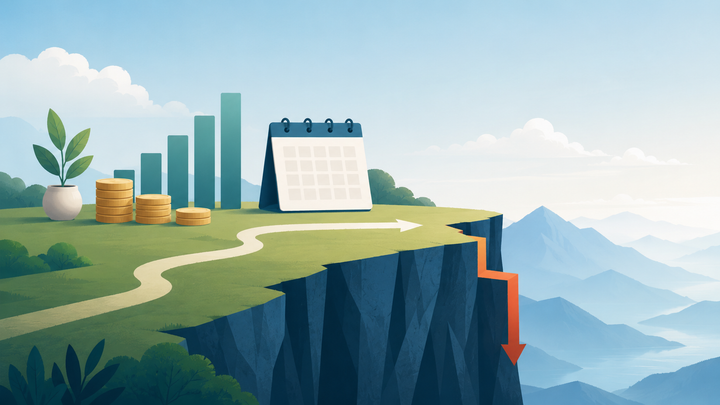 Illustration of a grassy plateau with an ascending bar chart, stacked coins, and a calendar, where a path leads to a cliff edge and a red arrow drops sharply down.