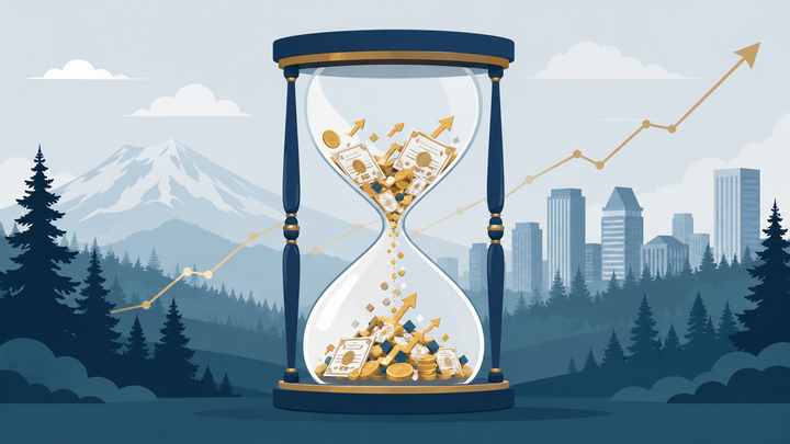 Hourglass with sand made of gold coins and cash falling away, against a Washington mountain and city skyline with a rising profit line - a closing 2028 tax planning window.