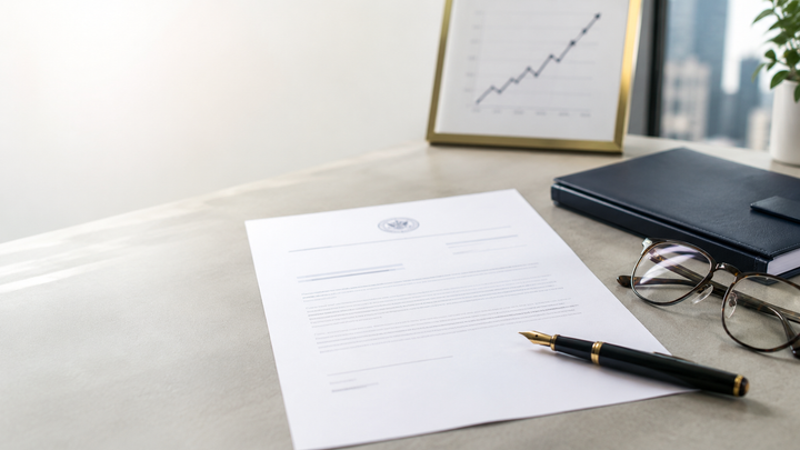 A formal QSBS attestation letter on a desk with a fountain pen and reading glasses, beside a framed rising financial chart.