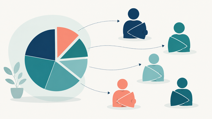 A segmented pie chart with dotted arrows distributing slices to five abstract human figures, illustrating how startup equity is shared among founders and team members.