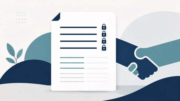 A document whose top clauses are marked with padlock icons and lower clauses left open, beside a handshake, illustrating binding versus non-binding provisions in an M&A term sheet.