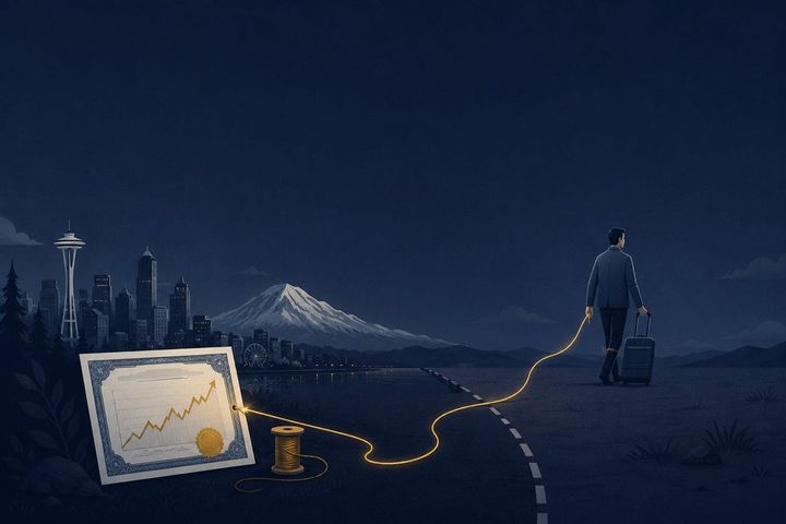 Illustration: a person with a suitcase walks away from Seattle, but a golden thread ties them back to a stock certificate anchored in Washington
