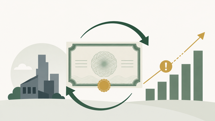 A stock certificate framed by circular redemption arrows beside a building and a rising bar chart with a caution icon, illustrating redemption issues that can disqualify QSBS.