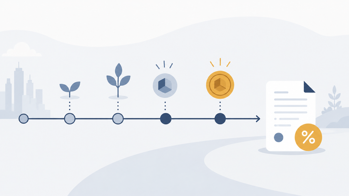 A timeline of vesting milestones where seedlings grow into coins, ending at a tax document marked with a percent symbol, illustrating the tax problems RSUs create when they vest.