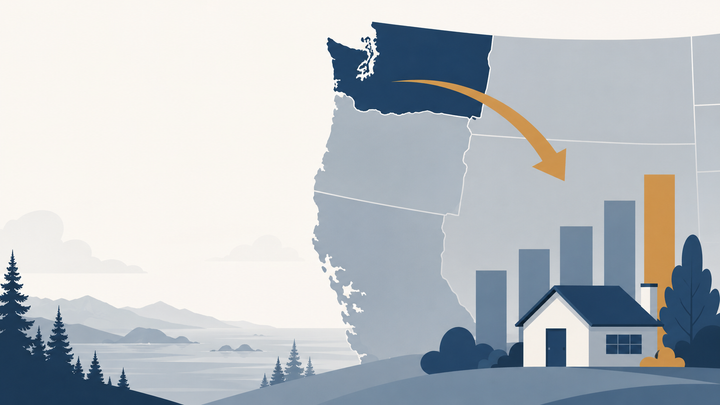 Map of Washington state with an arrow pointing toward another state beside a house and rising bar chart, illustrating residency relocation before a capital gains sale.