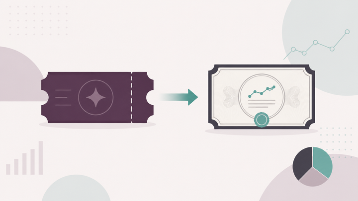 A plain raffle-style ticket with an arrow transforming into an ornate stock certificate, illustrating how a warrant converts into shares and the tax story behind it.