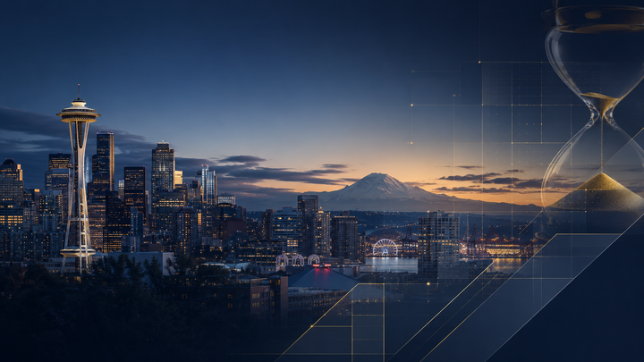 Seattle skyline and Mount Rainier at dusk with an hourglass overlay, symbolizing the closing window for Washington's sales tax penalty relief program.