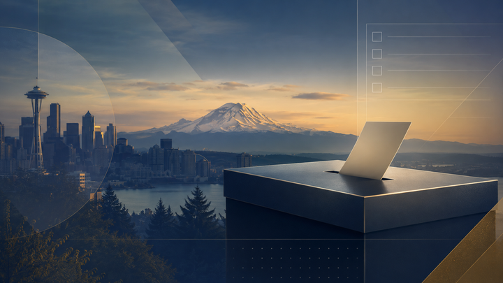 Illustration of a ballot box against the Seattle skyline and Mount Rainier at dusk, symbolizing Washington's income tax repeal initiative headed to the November ballot.