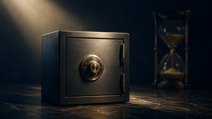 A closed vintage safe glowing under a spotlight beside an hourglass, symbolizing the closing 60-day window to complete a Section 1045 QSBS rollover.