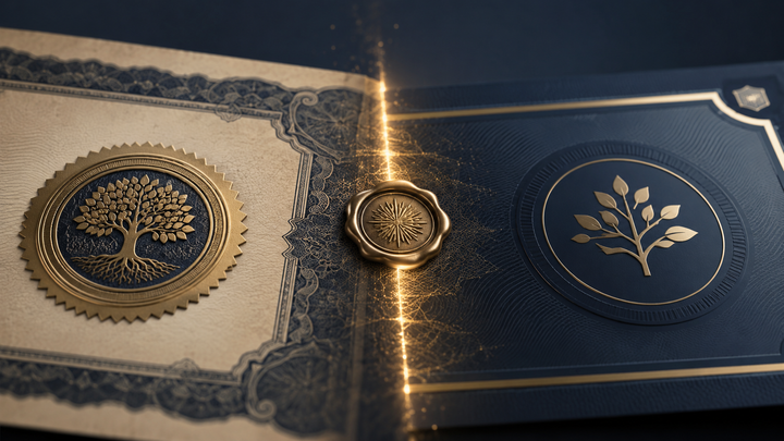 Two ornate stock certificates divided by a glowing gold wax seal, symbolizing a stock-for-stock acquisition freezing the QSBS exclusion at the deal date.
