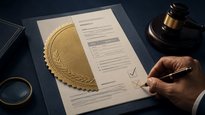 A legal document half-covered by a gold seal, with a hand checking one box and crossing another beside a gavel, symbolizing a misleading claim about repealing the capital gains tax.