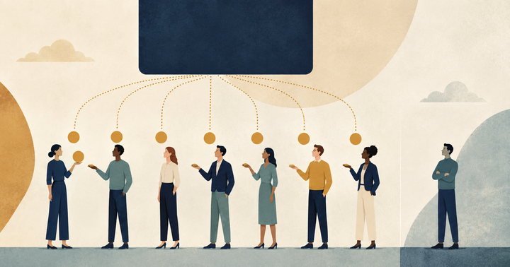 Editorial illustration of a row of employee figures each receiving an identical golden token from a company above, with one figure standing slightly apart, representing who qualifies for star