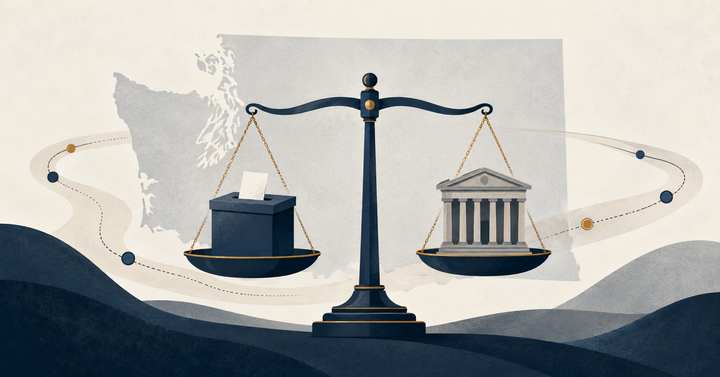 Balanced scale weighing a ballot box against a courthouse over a Washington State outline, with a dotted timeline path.