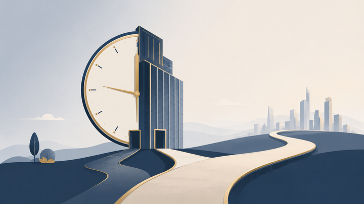 Illustration of a clock transforming into a corporate building with two diverging paths, symbolizing the choice between two structures for starting a QSBS holding period.