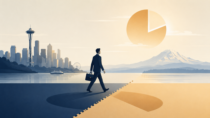Illustration of a businessman with a briefcase walking across a dotted state border line toward the Seattle skyline and Mount Rainier, with a partially shaded pie chart in the sky symbolizing