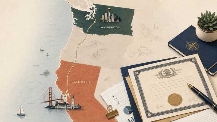 A route leads from California to Washington on a West Coast map beside a stock certificate, checklist, and pen.