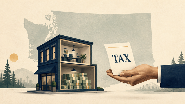 A business holds stacks of cash while a hand presents a tax bill, against an outline of Washington State.