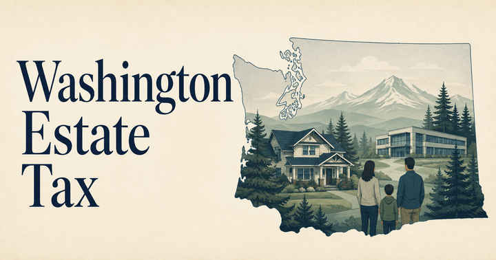 Washington Estate Tax: a family, home, and business within an outline of Washington State.