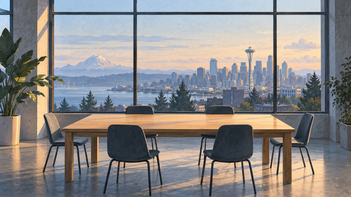 AI-generated illustration of an empty startup workspace overlooking Seattle, with the Space Needle and Mount Rainier in the distance.