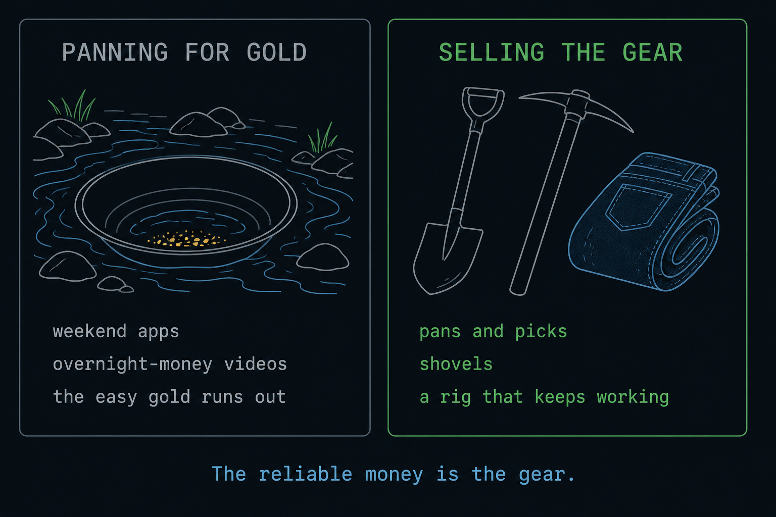 Two-column diagram. Left, panning for gold: weekend apps, overnight-money videos, the easy gold runs out. Right, selling the gear: pans and picks, shovels, a rig that keeps working.