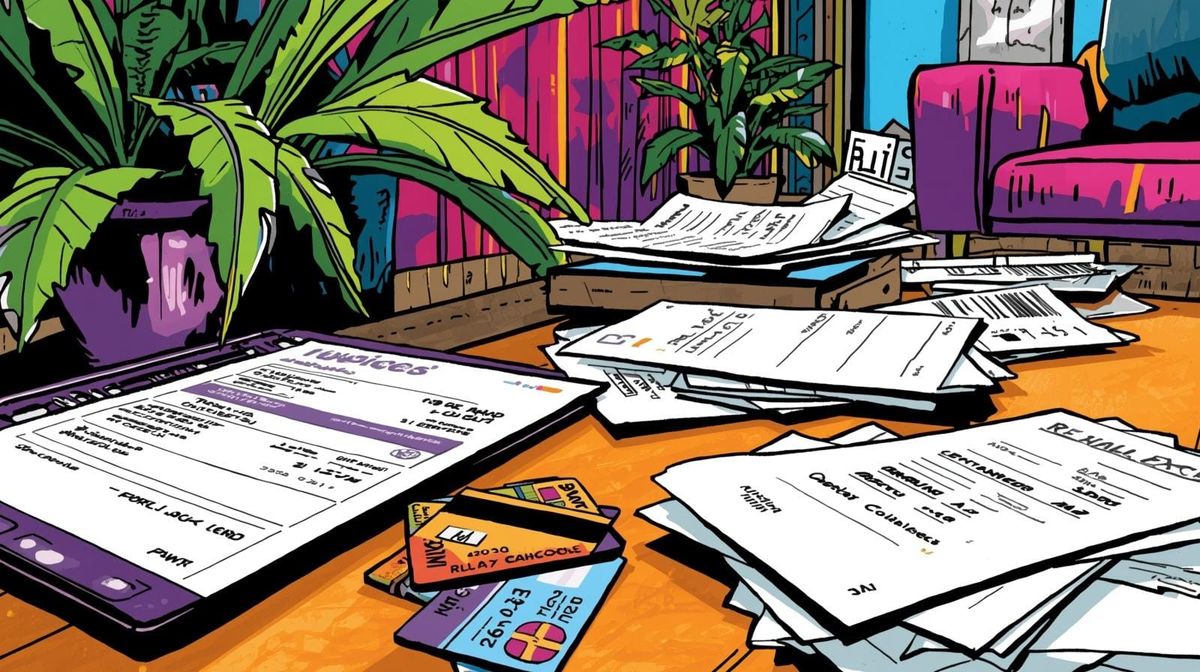 Canva prompt: close up of a table with house plants in the background and invoices and debit cards in the front. Pop Art Drawing