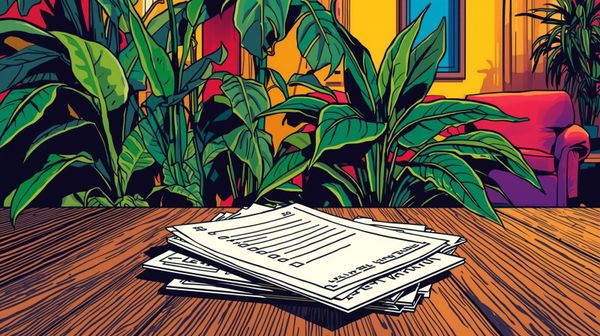 Stack of papers on a table, in the background house plants. AI generated pop art drawing.