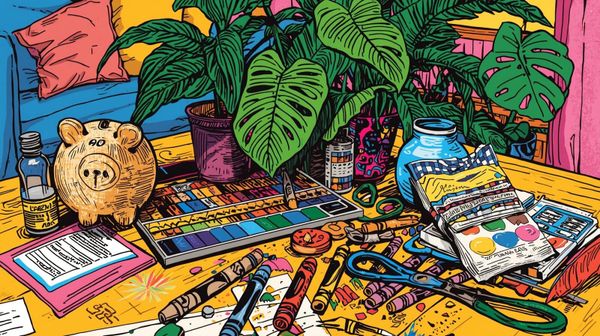 Canva prompt: Close up of a table with creative material on top and a piggy bank at the side. Pop art drawing