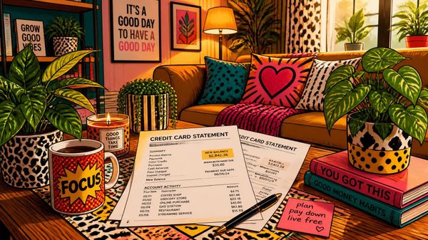 Canva AI prompt: credit card statmenets on a living room table, house plants in the picture, colourful pop art drawing. 