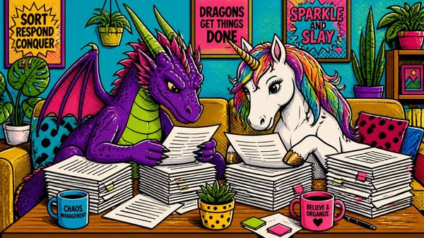 Canva AI Prompt: stacks of paper on a living room table with a dragon and a unicorn looking through the paper, house plants in the picture, colourful pop art drawing.