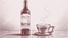 Illustration gravée d'une bouteille de Château Picard et d'une tasse de thé fumante sur une table en bois